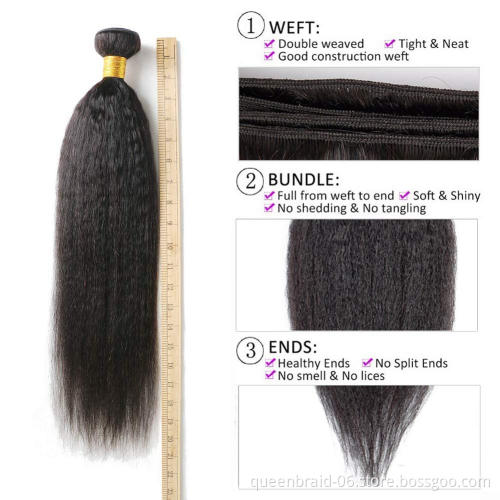 Brazilian Kinky Straight Bundles with Closure Yaki Hair Bundles Extensions Unprocessed Human Hair Bundles Natural Black Color
